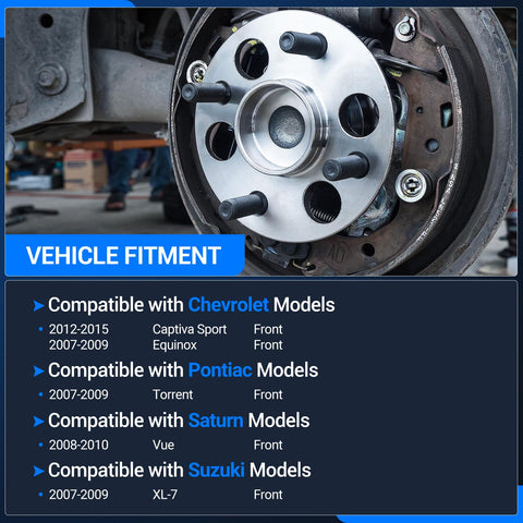 Front wheel view of Two Pack Front Wheel Bearing And Hub Assembly Direct Fit For Chevy Equinox 2007 2009 Captiva Sport 2012 2015
