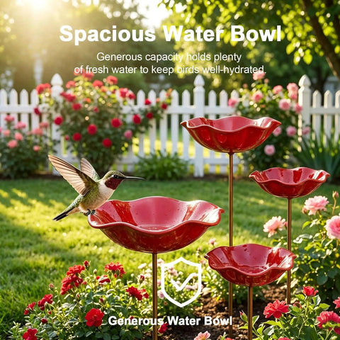 Hummingbird at Metal Flower Garden Stake With Bird Bath Bowl For Outdoor Pollinator Watering Station For Garden Yard Hummingbird Fountain Butterfly Bee Water Feeder Decorative Yard Art Gift Four Pack in garden