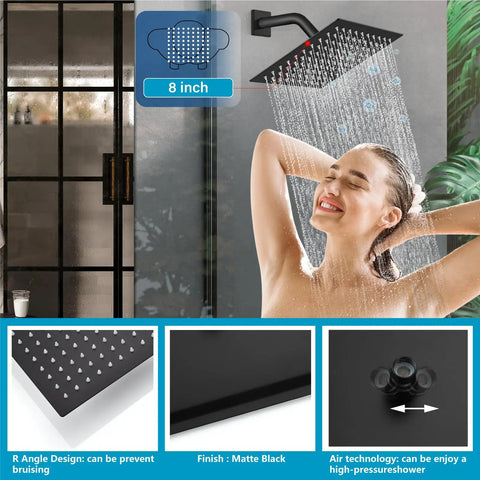 Three Handle Tub Shower Faucet Set With Rainfall Shower Head, Matte Black Square Wall Mount Trim Kit, woman enjoying shower