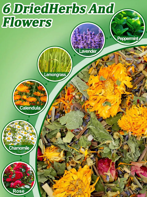 All Natural Chicken Nesting Herbs For Coop And Nest Box 20 Oz with dried flowers and herbs in vibrant colors.