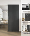 36X84 Inch Black Wood Sliding Barn Door With Concealed Tracks And Soft Close Hardware Kit Straight Up Smooth Glide floating door in modern interior.