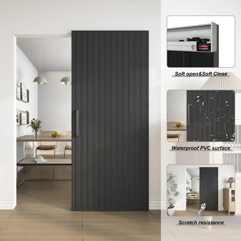 36X84 Inch Black Wood Sliding Barn Door With Concealed Tracks And Soft Close Hardware Kit Straight Up Smooth Glide floating door in modern interior.