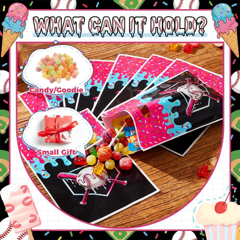 30 Pcs Baseball Snack Bags With Ice Cream Drip Pattern for candy and gifts, displayed on a table with contents visible.