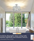Sleek Modern Crystal Semi Flush Mount Chandelier With 12.6 Inch Round Drum Shade, 3 Light E12 Ceiling Fixture In Chrome Finish