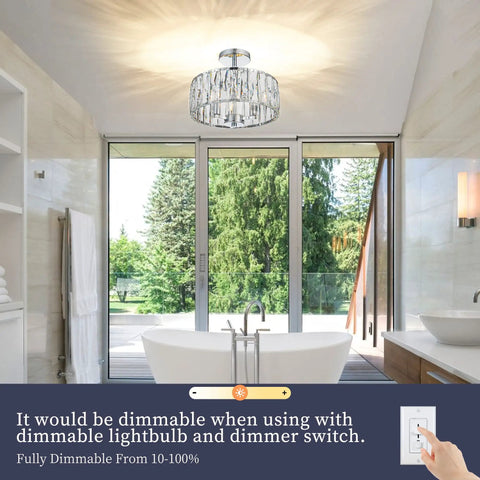 Sleek Modern Crystal Semi Flush Mount Chandelier With 12.6 Inch Round Drum Shade, 3 Light E12 Ceiling Fixture In Chrome Finish