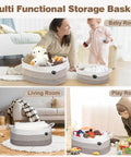 Collage of large dog toy storage basket rope bin 30L for toys and blankets, shown in various room settings with children and pets