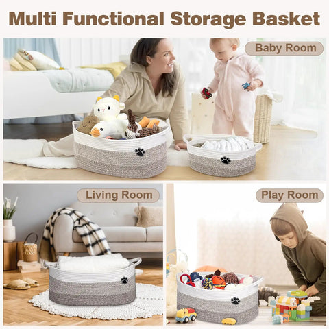 Collage of large dog toy storage basket rope bin 30L for toys and blankets, shown in various room settings with children and pets