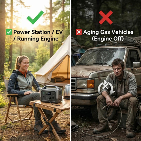 Image of Road Ready Three In One Starlink Mini Car Charger Featuring Slick 36W PD And Quick Charge 18W Adapter, showcasing power station vs aging gas vehicle.