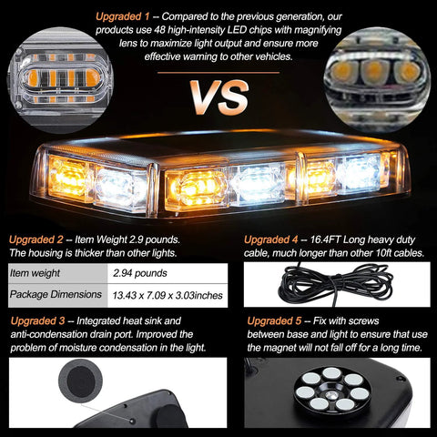 Front view of ASPL Upgraded 5 48-LED rooftop strobe light bar with magnetic base, amber and white LEDs for 12-24V vehicles