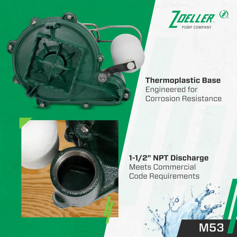 Mighty-Mate Submersible Sump Pump 1/3 Hp With Auto Float Switch, showing green cast iron housing with non-clogging vortex impeller.