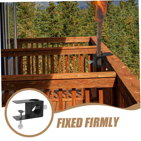 Adjustable Deck Torch Clamp Mount For Outdoor Railing Universal Metal Base For Tiki Torches And Decorative Lighting Secure Porch Rail Holder For Patio Parties And Backyard Vibe Night Lighting installed on wooden deck railing