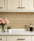 Super Slick Peel And Stick Grasscloth Wallpaper With Dead Simple Self Adhesive Backing For Modern Accent Walls And Apartment Rentals In Earthy Beige Tan Hues on kitchen backsplash with flowers.