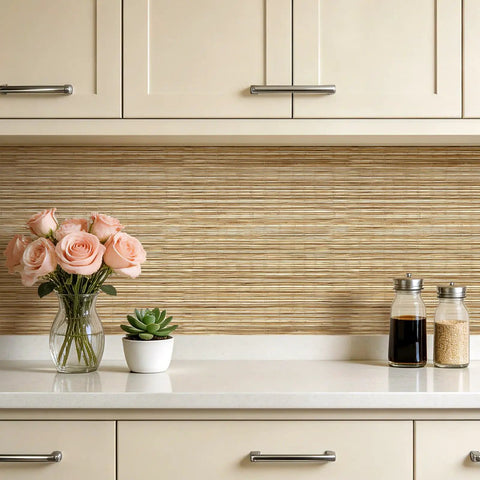 Super Slick Peel And Stick Grasscloth Wallpaper With Dead Simple Self Adhesive Backing For Modern Accent Walls And Apartment Rentals In Earthy Beige Tan Hues on kitchen backsplash with flowers.