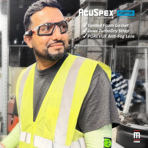 Ultra Sleek Frameless Safety Glasses With Scratch Resistant Clear Lenses with vented foam gasket worn by man in safety vest