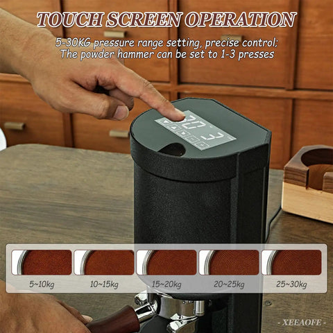 Dope 58mm Electric Coffee Tamper with touch screen, displaying pressure settings for espresso extraction in matte black.