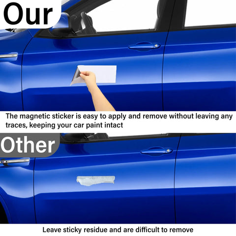 Comparison of Custom Car Magnet Sheets 12 Inch By 4 Inch Flexible Blank Bumper Magnets on blue car door versus sticky decal.
