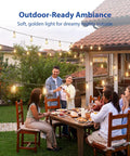 100 Ft LED Outdoor String Lights With Remote Control hanging above a backyard dinner party, creating a cozy ambiance.