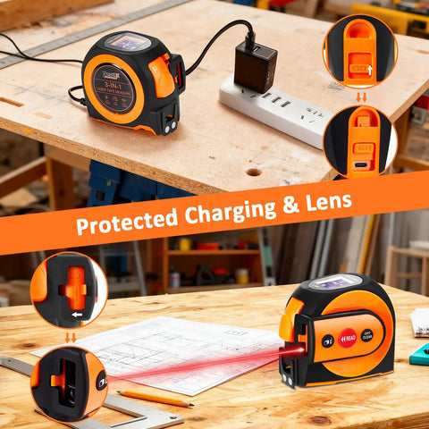 3-in-1 Laser Tape Measure With 197 Ft Laser Range And 16 Ft Manual Tape, Digital Level, Handy Distance Meter For Home Improvement, DIY Projects, Quick Accurate Readouts, black and orange