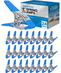 24 Pack 6 Inch Heavy Duty Spring Clamps Blue For Woodworking And Carpentry, 2.5 Inch Jaw Opening, clamps displayed on box and surface