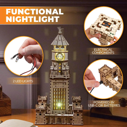 Lighthouse Of Alexandria 3D Wooden Puzzle Kit For Adults With LED Night Light, DIY Model Building Hobby Set, Ancient World Landmark, Brain Teaser, Creative Home Decor And Conversation Starter, functional nightlight with USB-C or batteries