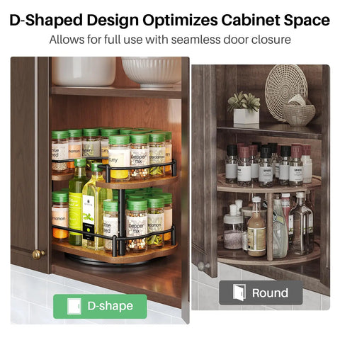 Two Tier In Cabinet Spice Rack Organizer With Rotating Lazy Susan, D-shaped design in 11 inch wide cabinet with spices.