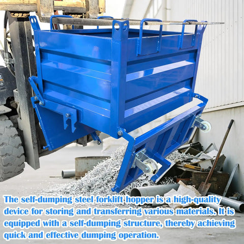 Heavy Duty 2200 Lb Self Dumping Hopper For Forklift And Manual Operation Rock Solid Steel Frame Industrial Material Cart view with loaded scrap.