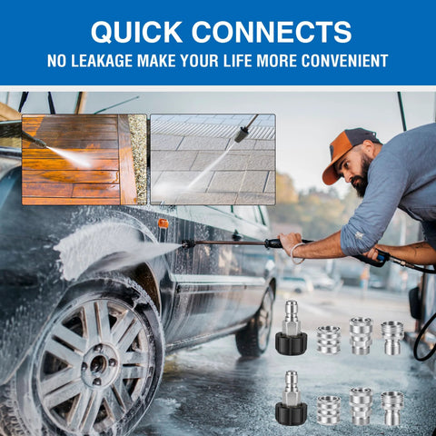 Pressure washer quick-connect kit with stainless steel adapters (M22 to 3/8, 3/4 to quick-release)