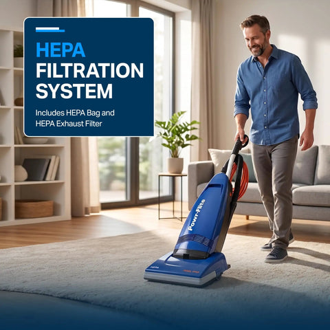 Rigorously Durable Powr Flite Rigel Commercial Upright Vacuum With 1200 Watt Motor For Heavy Duty Cleaning In Retail And Hospitality Spaces Featuring Automatic Height Adjustment Metal Brush Roll And Consistent Power Output For All Your Professional