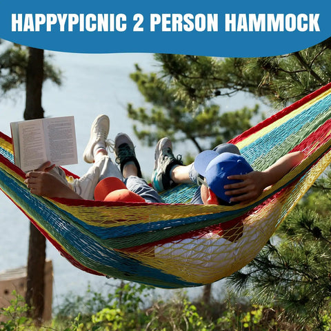 Handwoven Mayan Hammock With Carry Bag Big Family Size Portable Rope Hammock for outdoor use holds two people reading and relaxing