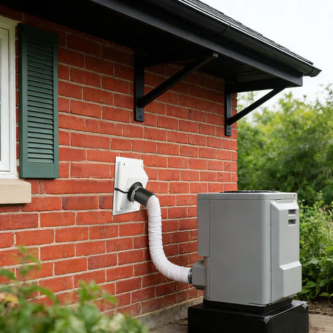 Slick White Wall Penetration Cover Kit For Ac Line Sets With Split Design installed on red brick wall with HVAC unit.