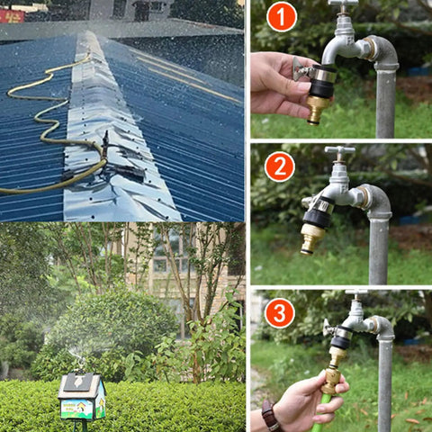 Real Deal Rooftop Sprinkler Offering 360 Degree Rotating Spray Pattern For Lawn And Garden Irrigation No Sweat Setup shown with installation steps.