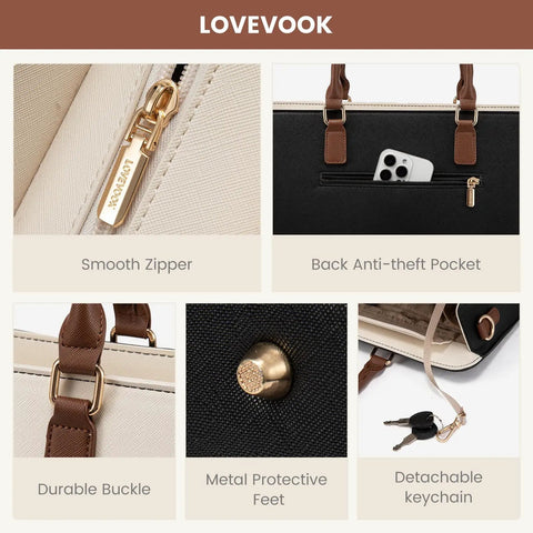 Women Laptop Tote Bag Waterproof Leather Work Bag featuring zipper, anti-theft pocket, durable buckle, metal feet, and keychain