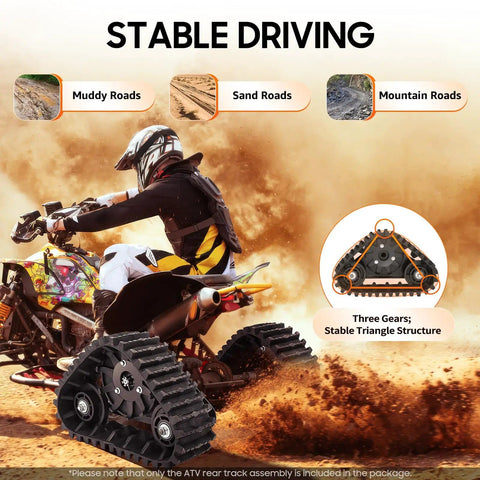 ATV with rear axle track kit driving on sand, showcasing triangular gear stabilization and disc brake for safe off-road use.