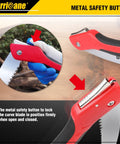 Close-up of Beast 10 Inch Folding Hand Saw With SK5 Steel Blade and triple cut razor teeth with metal safety button.