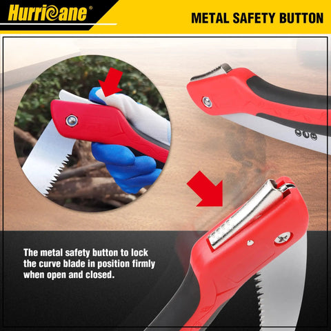 Close-up of Beast 10 Inch Folding Hand Saw With SK5 Steel Blade and triple cut razor teeth with metal safety button.