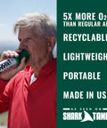 Man using Boost Oxygen Natural 5L Canister Six Pack for Respiratory Support Altitude against mountain background.