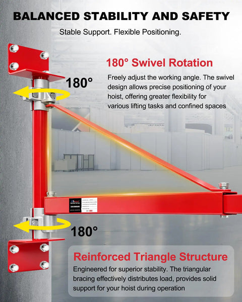 Usyato Wall Mount Jib Crane, 660 Lbs Electric Scaffolding Lift Hoist Support Arm showing 180° swivel rotation and reinforced structure.