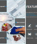 Features of Ten Sheets Peel And Stick No Mess Install Backsplash Subway Tile for kitchen fireplace and bathroom, stone look marble gray blue PVC and aluminum showing waterproof, heat and stain resistance.