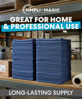 Blue Reusable Shop Towels 14 By 12 Inches Pack Of 150 Cotton Cleaning Rags stacked on a shelf in a garage.