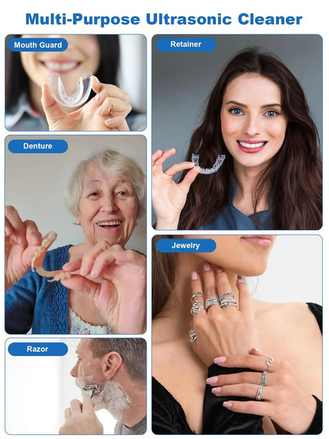 Upgrade Your Daily Oral Hygiene With This Hella Slick 48 Khz Ultrasonic Retainer Cleaner Machine That Powers Through Heavy Grime On Aligners To Keep Your Teeth Sparkling Fresh, showing various oral appliances.