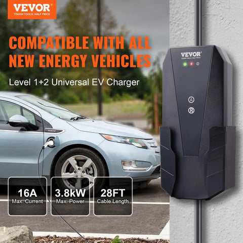 Wall-mounted Level 1 And Level 2 Portable EV Charger With Plug-And-Play 28-Foot Cable, 16 Amp 120V/240V Dual-Voltage