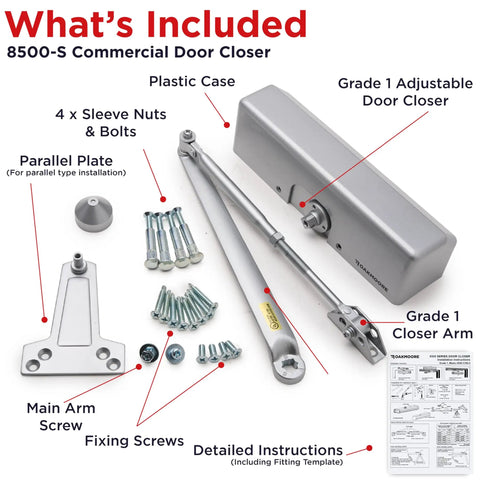 Heavy Duty Commercial Door Closer Automatic Self Closing Hinges Kick The Slamming Habit Soft Close Action kit components including screws and instructions.