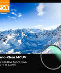 52mm UV Protection Filter With 18 Layer Multi Coatings Ultra Slim Design with snow-capped mountain view.