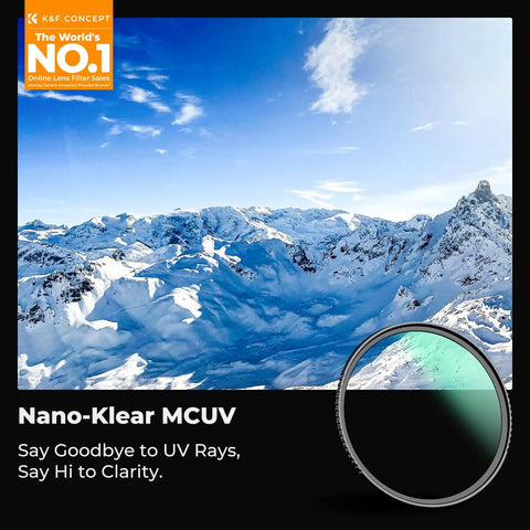 52mm UV Protection Filter With 18 Layer Multi Coatings Ultra Slim Design with snow-capped mountain view.
