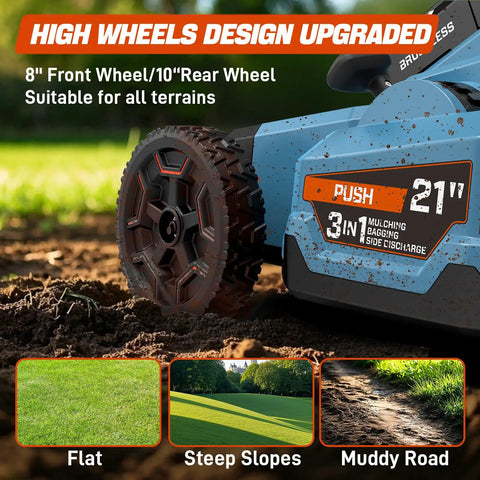 X6 60V Max 21 Inch Beast Power Self Propelled Mower With 8Ah Battery And Charger, Smart Display, 7 Level Height Adjustment, 3 In 1 Mulching Bagging And Side Discharge, Battery Shipped Separately. High-wheel 21-inch mower on muddy ground.