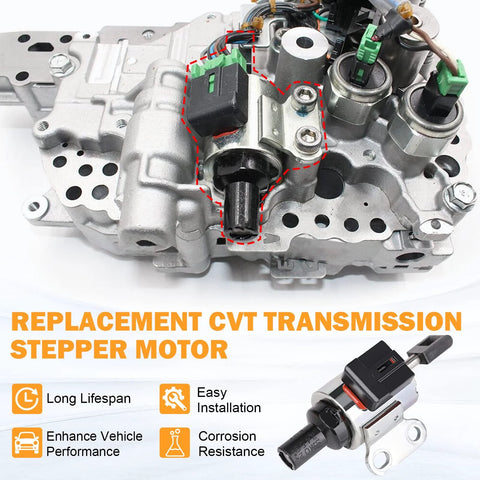 CVT transmission step motor (front view) with black housing, green connector and shaft for JF011E/RE0F10E valve body