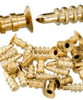 Heavy Duty Table Leaf Connectors And Bolt Sleeves For Extension Dining Tables Rock Solid Zinc Alloy Hardware With Brass Plated Finish Top Shelf 15 Pack close-up of brass plated connectors.