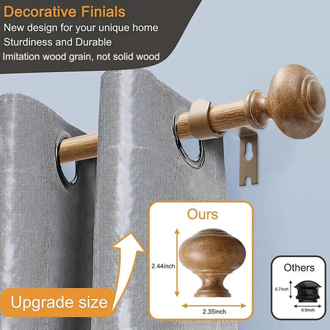 Heavy Duty Wood Curtain Rods for Windows 48 to 84 Inches with 1 Inch Diameter, Imitation Wood Grain Finials in use