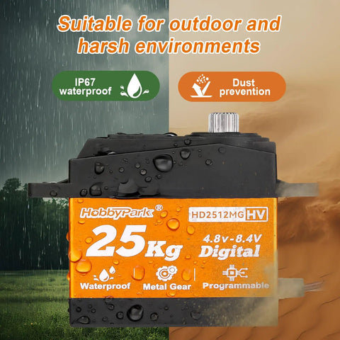 Waterproof 25kg All Metal Gears Servo For RC Cars Trucks Crawlers Buggies Boats Planes And Robotics HV Programmable Digital Steering 180 Degree Travel 8.4V Max Perfect For Outdoor All Terrain with waterproof and dustproof features.