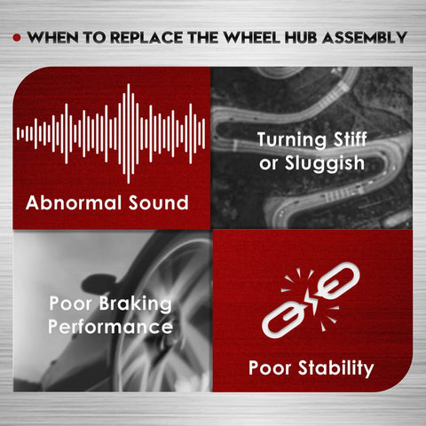 Indicators for replacing front wheel hub & bearing assembly: abnormal sound, turning stiff, poor braking, stability issues.